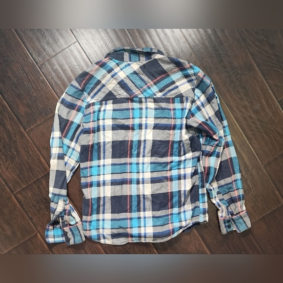Mens OP Flannel Button Up Distressed Plaid Long Sleeve Top - Picture 8 of 10